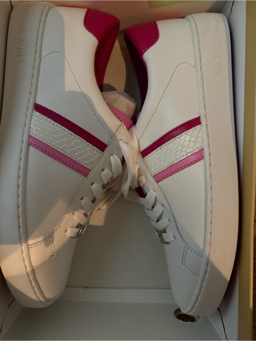 Michael Kors Irving Stripe Lace Up White Sneakers with Pink and Magenta Stripes - Picture 6 of 6